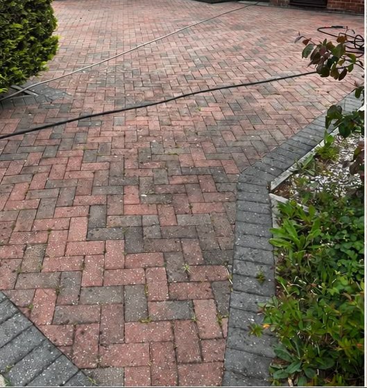 Before, Red block paving deep clean, re-sanded and gloss sealed, Driveway Cleaning, Dorset – Dorset Exterior Cleaning