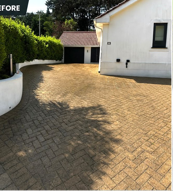 Before, Herringbone block paving deep cleaned and re-sanded, Driveway Cleaning, Dorset – Dorset Exterior Cleaning