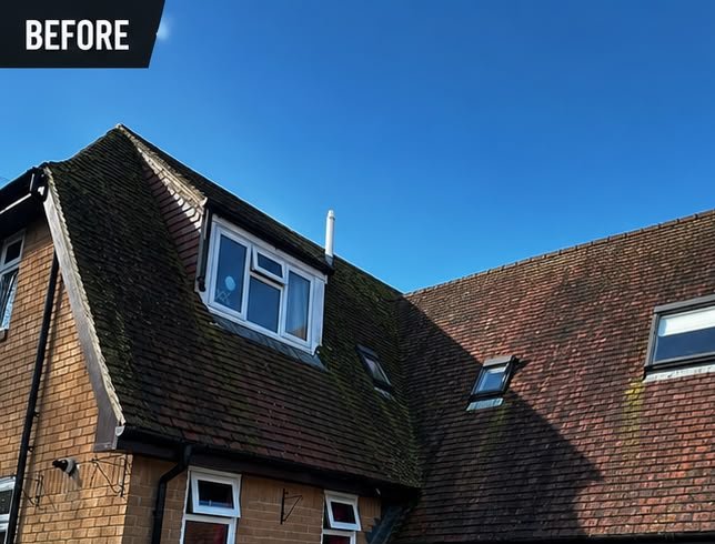 Before, Semi-detached clay tile roof softwash, Roof Cleaning, Dorset – Dorset Exterior Cleaning