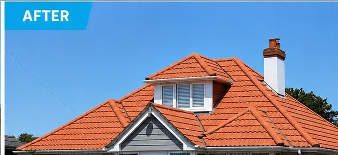 After, Orange clay tile roof softwash, Roof Cleaning, Dorset – Dorset Exterior Cleaning