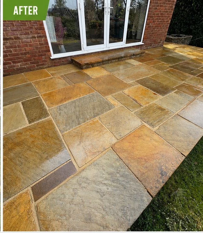 After, Indian sandstone patio, black spot removed, Patio Cleaning, Dorset – Dorset Exterior Cleaning