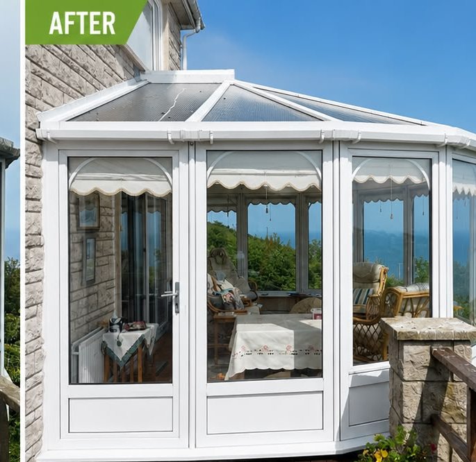 Conservatory roof and uPVC frames after deep clean in Dorset