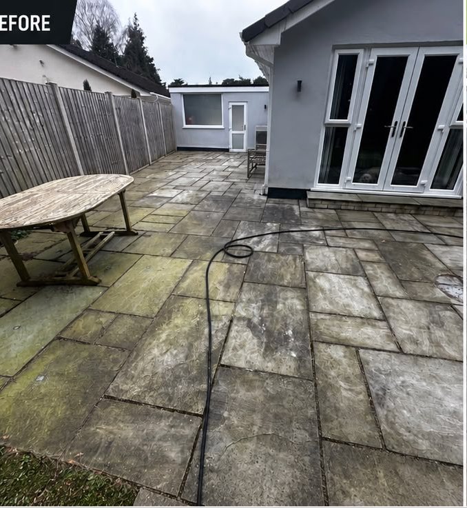 Before, Grey riven slate patio restored, Patio Cleaning, Dorset – Dorset Exterior Cleaning
