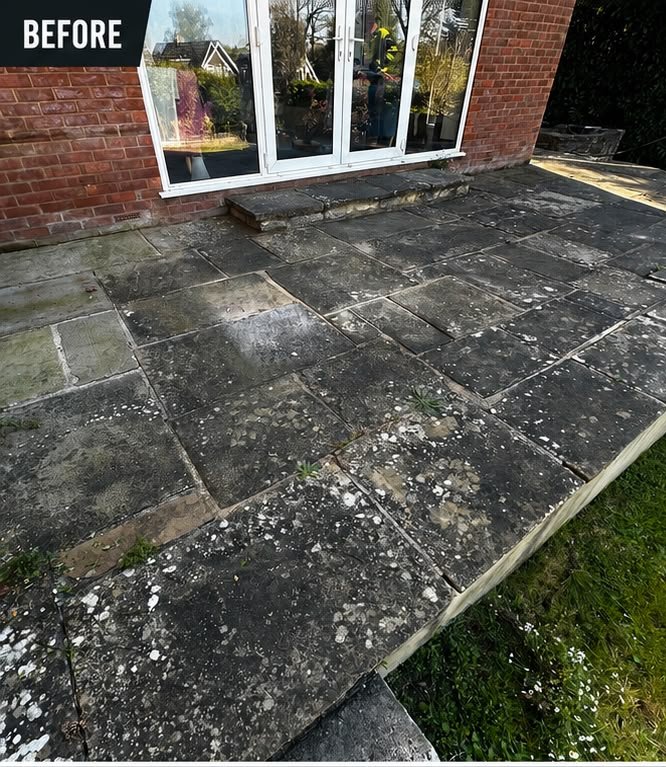 Before, Indian sandstone patio, black spot removed, Patio Cleaning, Dorset – Dorset Exterior Cleaning