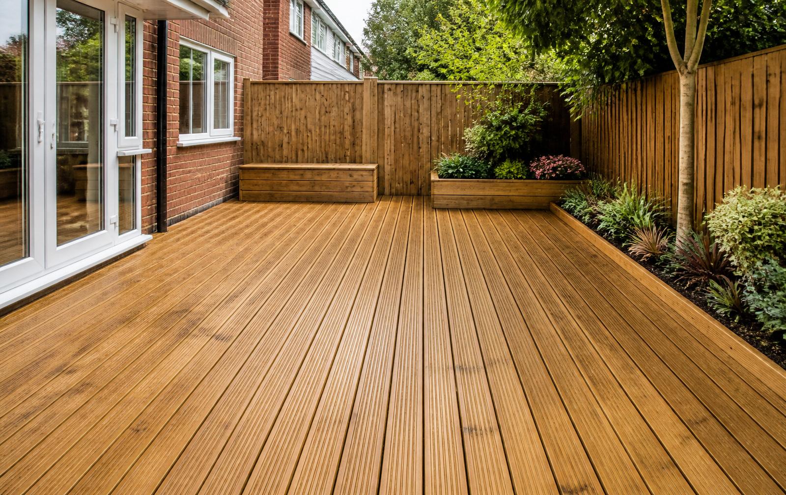 Freshly cleaned wooden garden decking